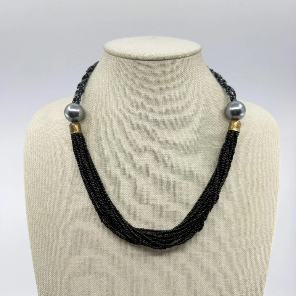 Necklace Black Seed Bead Multi Strand Gray Faux Pearl Boho Statement Collar Gold